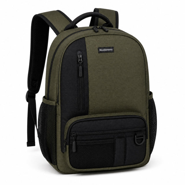 Olive & Black Vertical-Pocket School Backpack - 02-angle