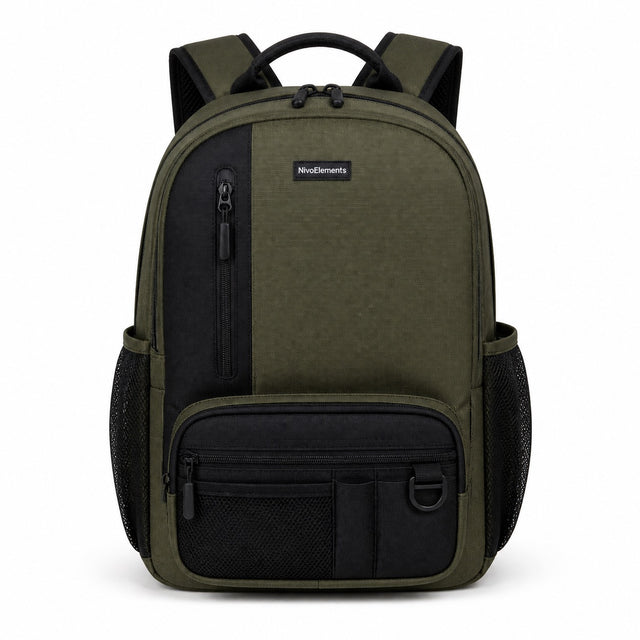 Olive & Black Vertical-Pocket School Backpack - 01-front