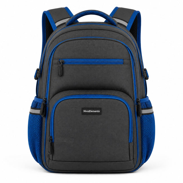 Charcoal & Electric Blue Multi-Compartment School Backpack - 01-front