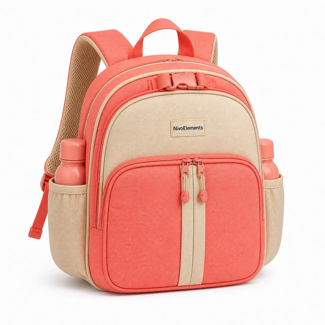 Coral & Oatmeal Organizer Preschool Backpack - 02-angle