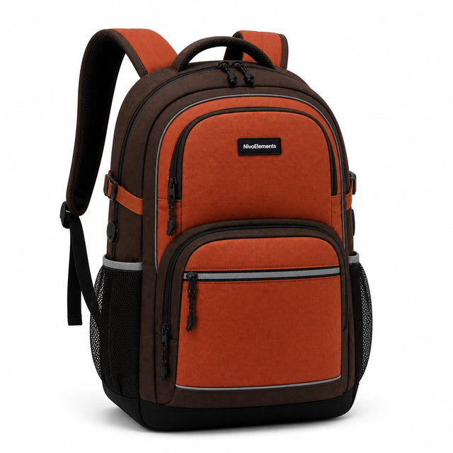 Rust & Dark Brown Multi-Compartment School Backpack - 02-angle