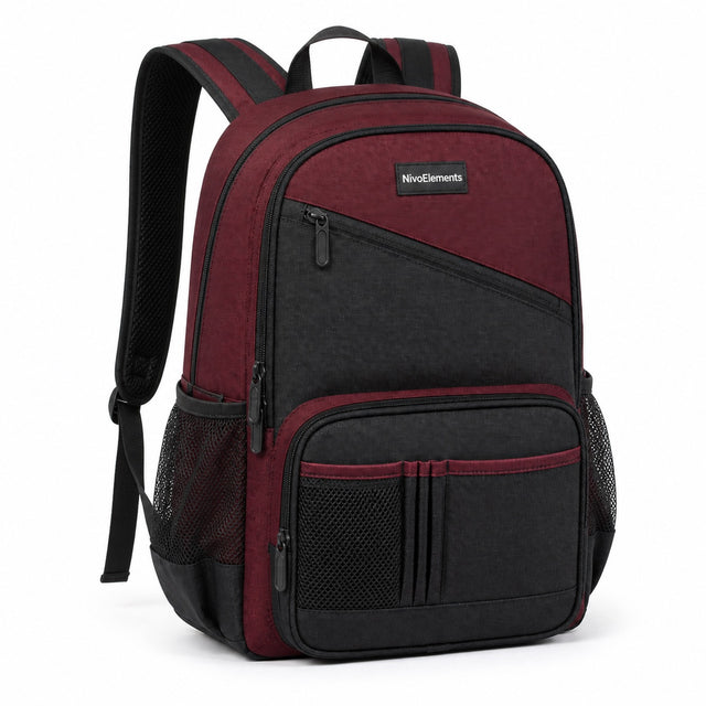 Burgundy & Charcoal School Backpack - 02-angle